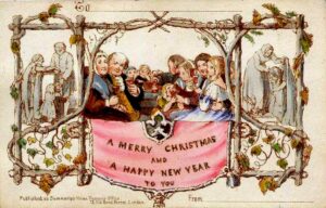 First commercially produced Christmas card designed by John Callcott Horsley for Henry Cole in 1843 showing people who appear to be celebrating, set off in an enclosure of tree branches with a pink banner draped below with A Merry Christmas and A Happy New Year